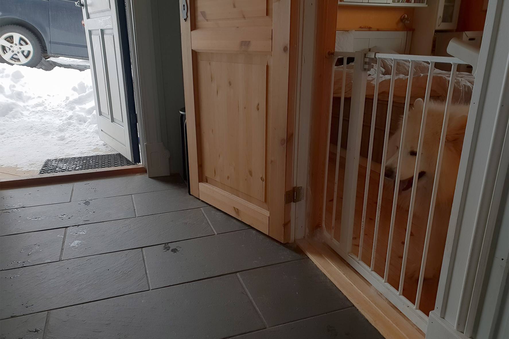 Gang med åpen dør. Hunden er i tilstøtende rom, sikre med barnegrind.