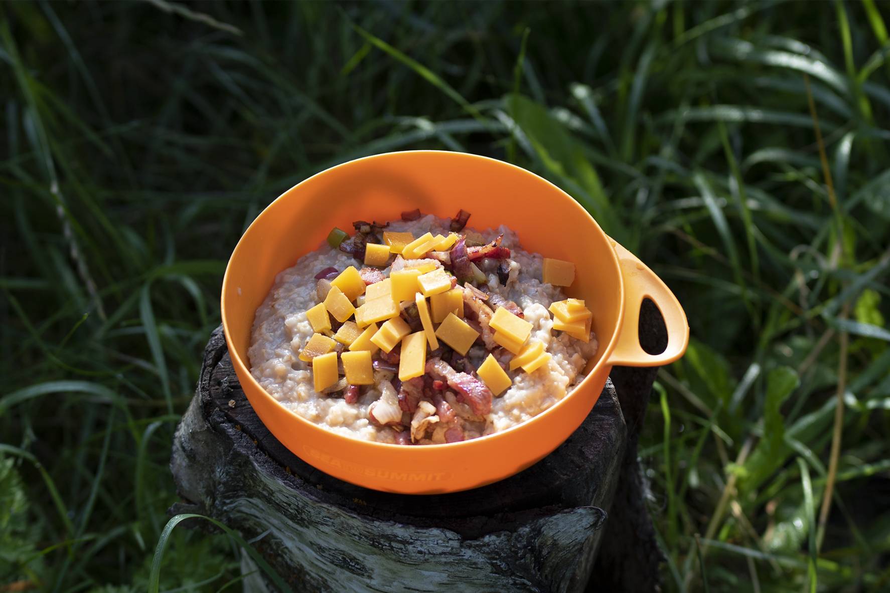 En orange turbolle med havregrøt toppet med bacon, ost og vårløk. Den står på en bjørkestubbe i gresset
